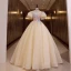 Elegant Champagne Pearl Lace Flower Prom Dresses 2022 Ball Gown Scoop Neck Puffy Short Sleeve Backless Floor-Length / Long Formal Dresses