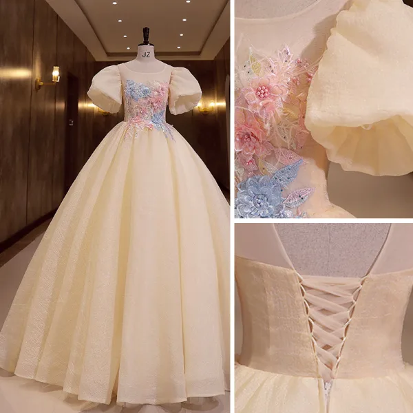 Elegant Champagne Pearl Lace Flower Prom Dresses 2022 Ball Gown Scoop Neck Puffy Short Sleeve Backless Floor-Length / Long Formal Dresses