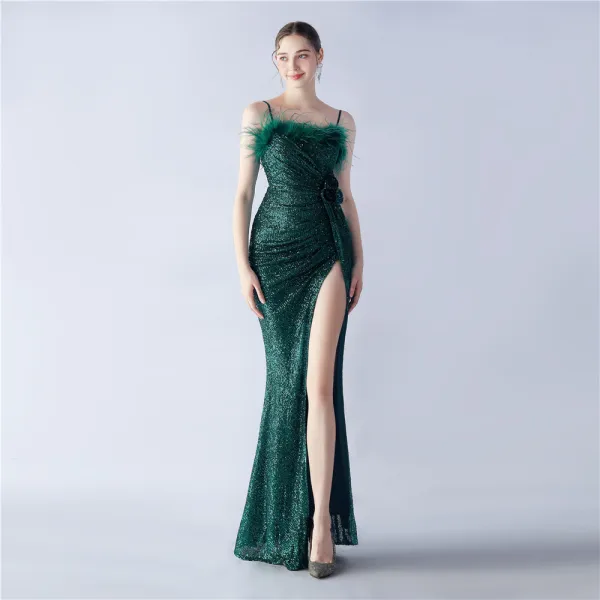 Charmant Bleu Marine Paillettes Fendue devant Robe De Soirée 2024 Trompette / Sirène Bretelles Spaghetti Gland Sans Manches Dos Nu Longue Soirée Robe De Ceremonie