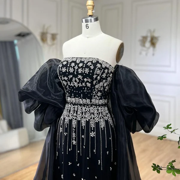 High-end Black Rhinestone Prom Dresses 2024 Empire Strapless Puffy Short Sleeve Backless Floor-Length / Long Prom Formal Dresses