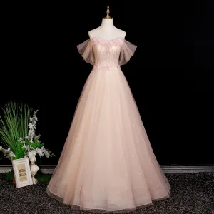 Piękne Rumieniąc Różowy Aplikacje Rhinestone Sukienki Na Bal 2025 Princessa Przy Ramieniu Kótkie Rękawy Bez Pleców Długie Sukienki Wizytowe