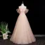 Chic / Beautiful Blushing Pink Appliques Rhinestone Prom Dresses 2025 A-Line / Princess Off-The-Shoulder Short Sleeve Backless Floor-Length / Long Formal Dresses