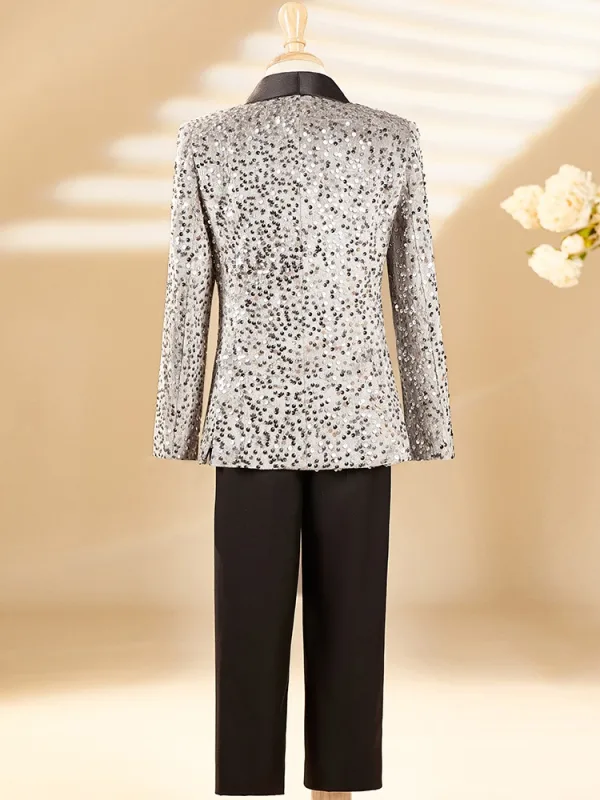 Bling Bling Grey Fall Winter 6-piece Sequins Long Sleeve Boys Wedding Suits 2025 Body Jewellery Coat Pants Shirt Tie Vest