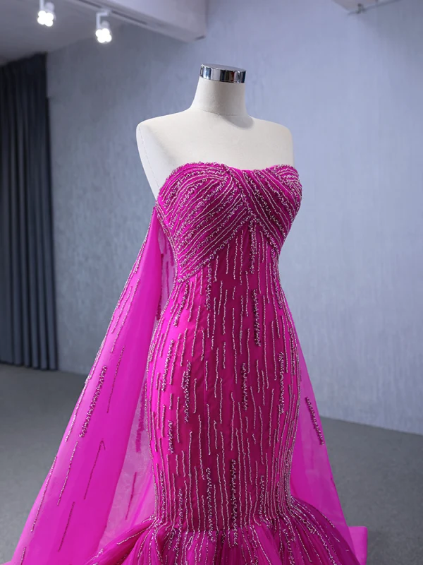 High-end Fuchsia Handmade  Beading Prom Dresses 2024 Trumpet / Mermaid Strapless Sleeveless Backless Court Train Prom Formal Dresses