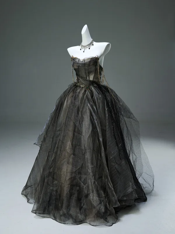 Luxury / Gorgeous Black Rhinestone Prom Dresses 2025 Ball Gown Strapless Sleeveless Backless Floor-Length / Long Formal Dresses