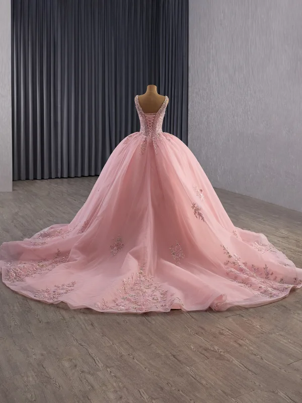 Luxury / Gorgeous Candy Pink Handmade  Beading Lace Flower Appliques Pearl Sequins Corset Prom Dresses 2025 Ball Gown V-Neck Sleeveless