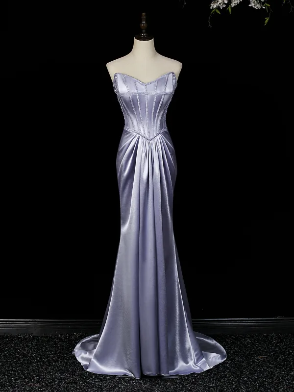 Sexy Lavande Perlage Robe De Soirée 2026 Trompette / Sirène Bustier Gonflée Manches Courtes Dos Nu Train De Balayage Robe De Ceremonie