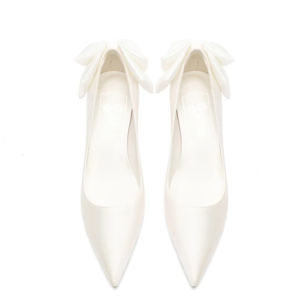 Chic Blanche Noeud Chaussure De Mariée 2024 Cuir 7 cm Talon Bloc À Bout Pointu Mariage Escarpins Talons Hauts