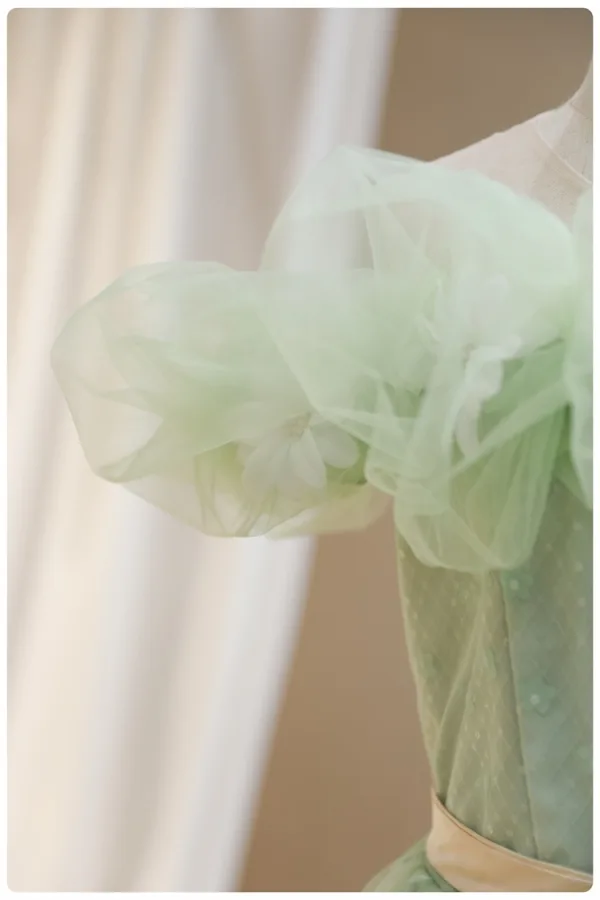 Simple Vert Cendré Paillettes Anniversaire Robe Ceremonie Fille 2024 Princesse Encolure Dégagée Volants Manches Courtes Noeud Ceinture Dos Nu Longue