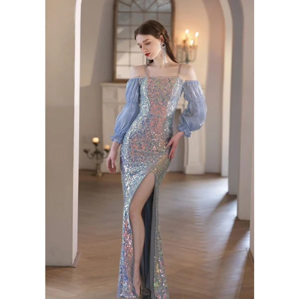 Scintillantes Bleu Ciel Paillettes Robe De Soirée 2023 Trompette / Sirène Bretelles Spaghetti 3/4 Manches Dos Nu Fendue devant Longue Soirée Robe De Ceremonie