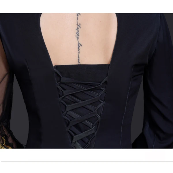 Chinese style Vintage / Retro Black Gold Satin Split Front Evening Dresses 2023 Trumpet / Mermaid High Neck Lace Flower Long Sleeve Backless Sweep Train Evening Party Formal Dresses