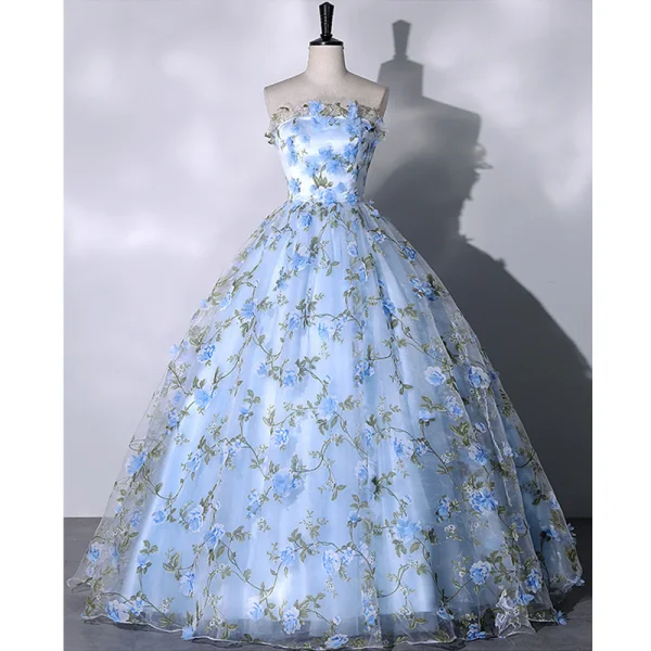 Flower Fairy Sky Blue Appliques Prom Dresses 2023 Ball Gown Strapless Sleeveless Backless Floor-Length / Long Prom Formal Dresses
