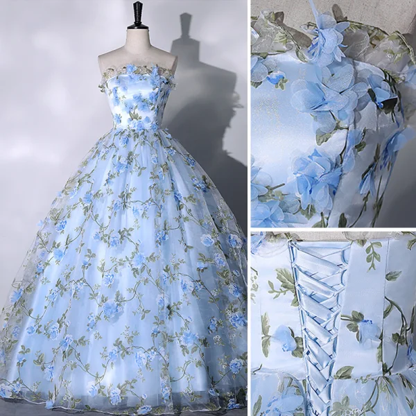 Flower Fairy Sky Blue Appliques Prom Dresses 2023 Ball Gown Strapless Sleeveless Backless Floor-Length / Long Prom Formal Dresses