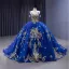 High-end Vintage / Retro Royal Blue Handmade  Beading Sequins Prom Dresses 2023 Ball Gown Spaghetti Straps Short Sleeve Backless Chapel Train Prom Formal Dresses