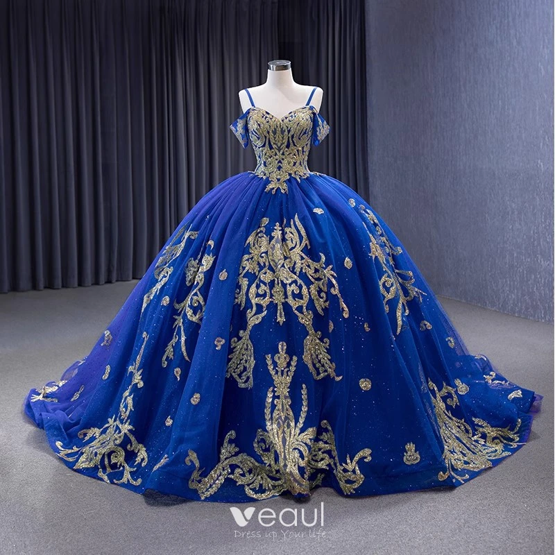 High-end Vintage / Retro Royal Blue Handmade Beading Sequins Prom Dresses  2023 Ball Gown Spaghetti Straps Short Sleeve Backless Chapel Train Prom  Formal Dresses