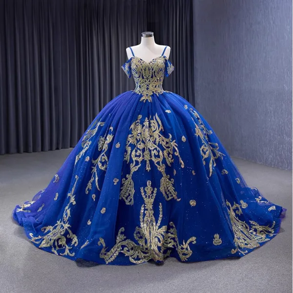 High-end Vintage Retro Royal Blue Handmade Beading Sequins Prom Dresses 2023 Ball Gown