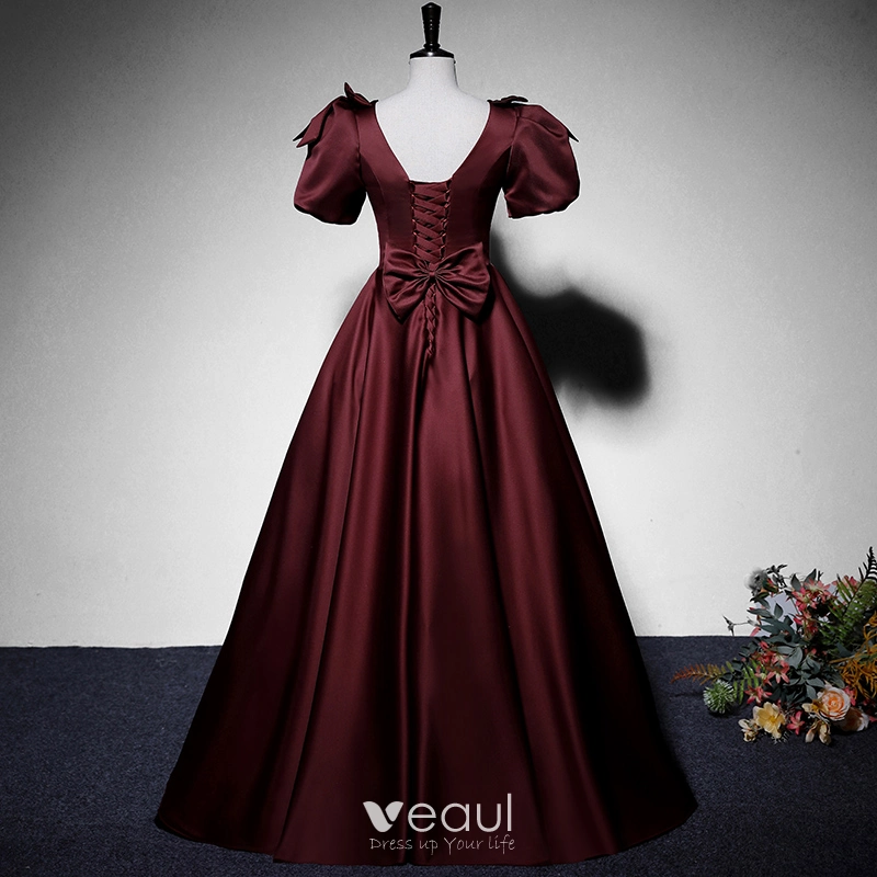 Puffy Sleeve Backless Satin Purple Backless Prom Dress