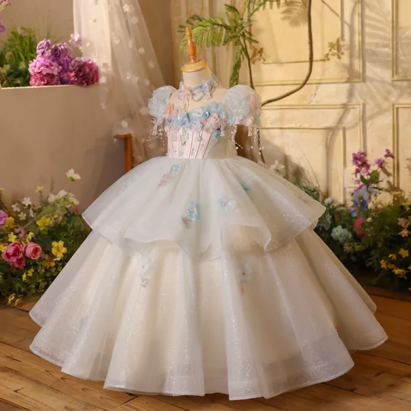 Blumenfee Himmelblau Perlenstickerei Perle Applikationen Pailletten Fallende Rüsche Geburtstag Blumenmädchenkleider 2025 Ballkleid Eckiger Ausschnitt Geschwollenes Kurze Ärmel Rückenfreies Lange