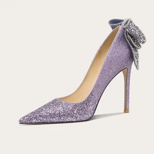 Glittrande Sexig Lavendel Rhinestone Paljetter Rosett Brudskor 2023 Läder 10 Cm Stilettklackar Spetsiga Bröllop Pumps Högklackade