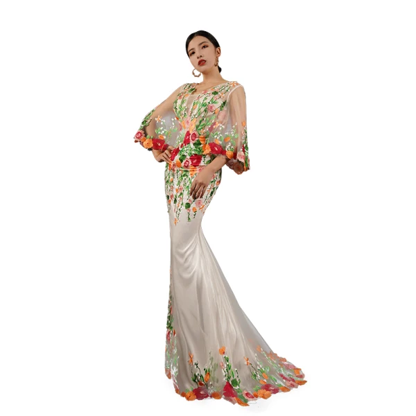 High-end Multi-Colors Embroidered Flower Evening Dresses 2023 Trumpet / Mermaid V-Neck 3/4 Sleeve Sweep Train Evening Party Formal Dresses