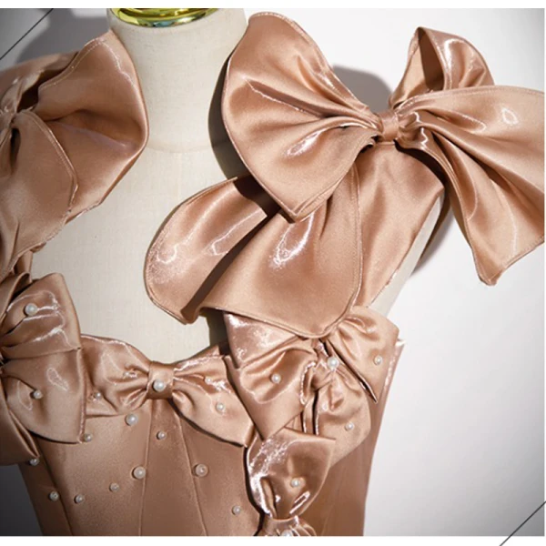 Chic / Beautiful Champagne Bow Pearl Prom Dresses 2023 A-Line / Princess Strapless Sleeveless Backless Floor-Length / Long Prom Formal Dresses