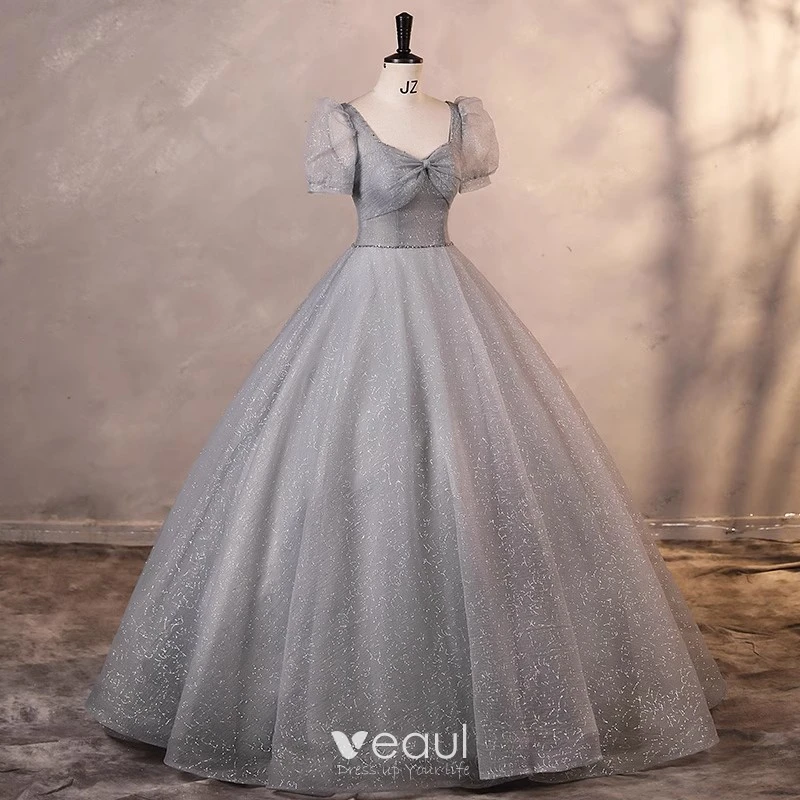 wrap around homecoming dresses Grey Chiffon A-line Top Dark Rhinestone Beaded Prom Dresses Party Dress,  SP393 – Simidress main image 0