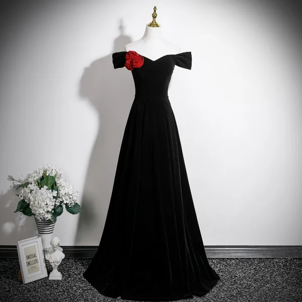 Fashion Black Velvet Appliques Evening Dresses 2025 A-Line / Princess Off-The-Shoulder Sleeveless Backless Floor-Length / Long Formal Dresses