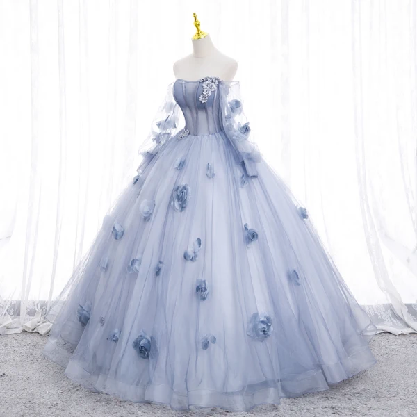 Elegant Sky Blue Appliques Prom Dresses 2023 Ball Gown Off-The-Shoulder 3/4 Sleeve Backless Floor-Length / Long Tulle Prom Formal Dresses