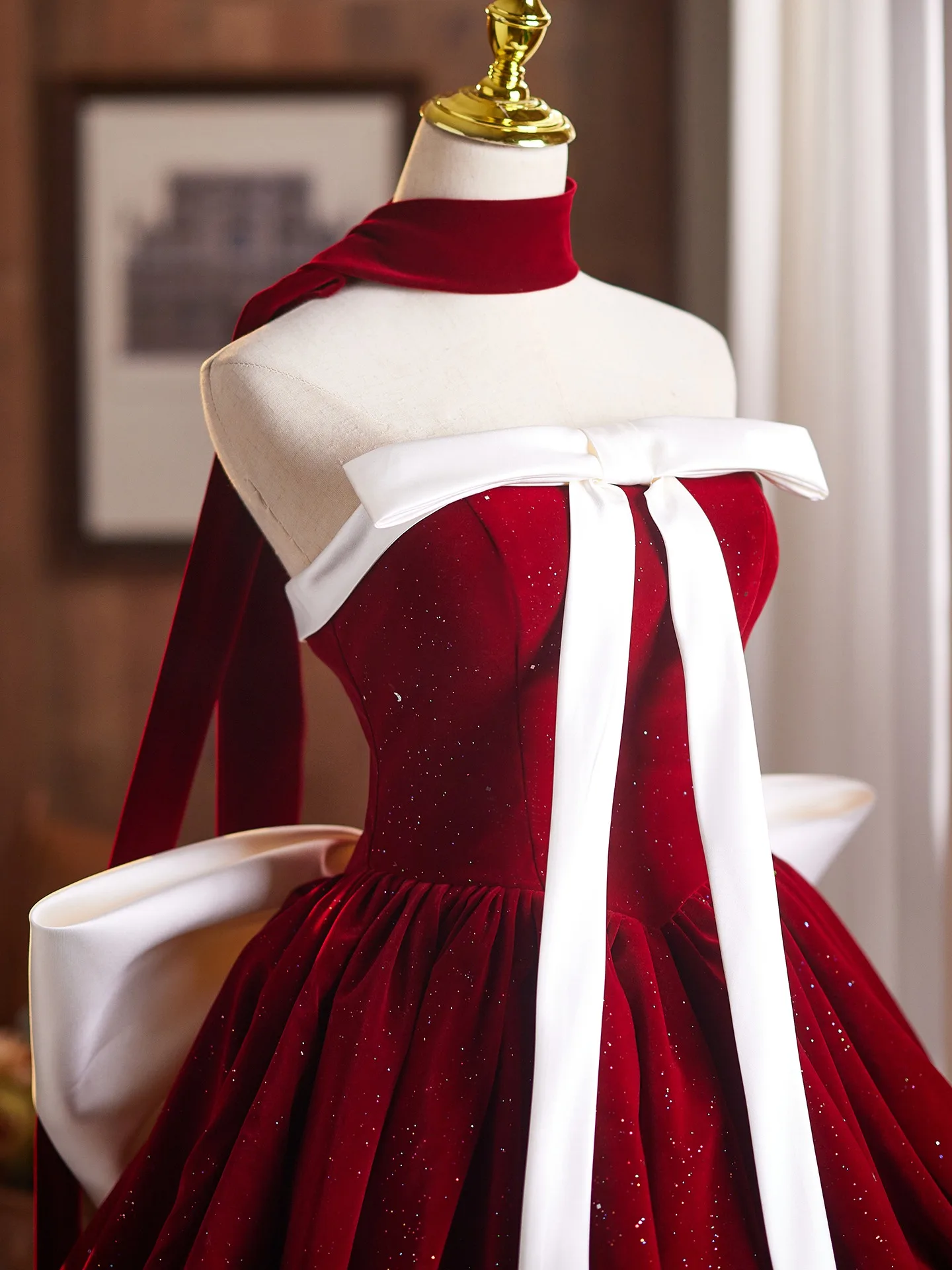 formal plus size burgundy dress Beaded Strapless Burgundy Velvet Prom Dresses Detachable Sleeve Evenin –  Viniodress main image 0