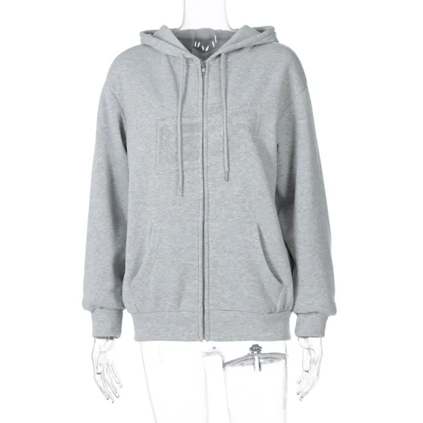 Comfortable White Rhinestone Tops Sweatshirts Letter Graphic Polyester Loose Hooded Street Wear Long Sleeve Zipper Hoodies 2021