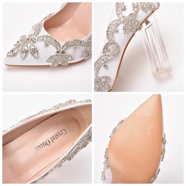 Charmant Blanche Cristal Chaussure De Mariée 2022 9 cm Talons Épais Faux Diamant À Bout Pointu Mariage Escarpins Talons Hauts