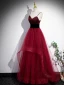 Chic / Belle Bordeaux Faux Diamant Robe De Bal 2023 Princesse Bretelles Spaghetti Sans Manches Dos Nu Longue Promo Robe De Ceremonie