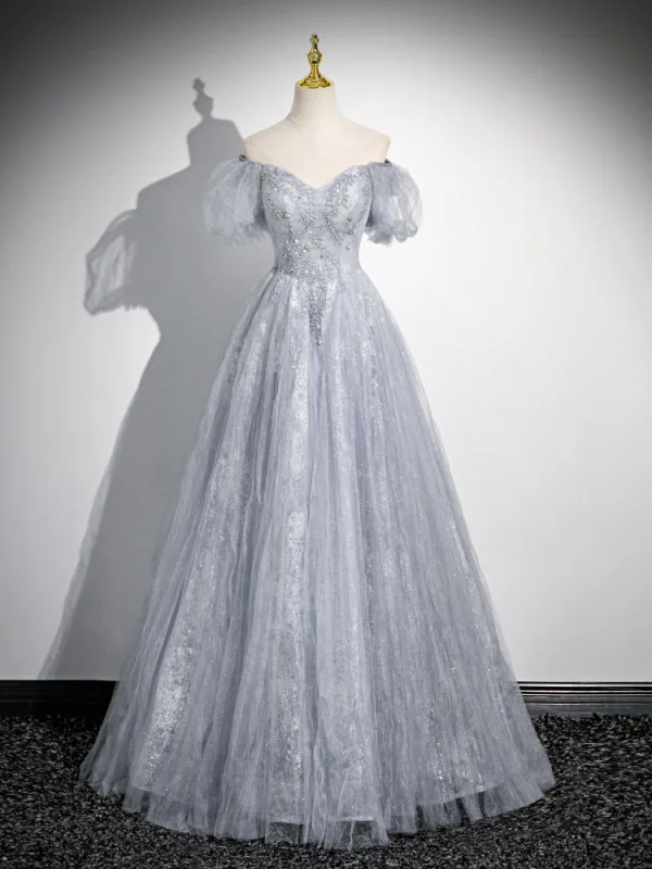 Elegant Sky Blue Beading Floor-Length / Long Prom Dresses 2024 A-Line / Princess Square Neckline Short Sleeve Backless Bow Prom Formal Dresses