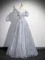 Elegant Sky Blue Beading Floor-Length / Long Prom Dresses 2024 A-Line / Princess Square Neckline Short Sleeve Backless Bow Prom Formal Dresses