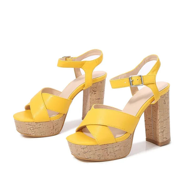 Fashion Yellow Street Wear Womens Sandals 2022 Ankle Strap 10 cm Thick Heels High Heels Open / Peep Toe Sandals