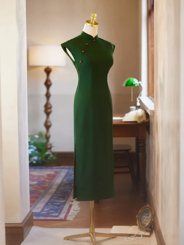 Vintage Ciemnozielony Wieczorowe Cheongsam 2025 Syrena / Rozkloszowane Wysokiej Szyi Bez Rękawów Długie Cheongsam