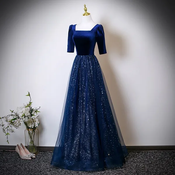 Vintage / Retro Navy Blue Star Sequins Mother Of The Bride Dresses 2025 A-Line / Princess Square Neckline Short Sleeve Backless Floor-Length / Long