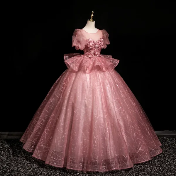 Elegant Blushing Pink Sequins Lace Flower Prom Dresses 2025 Ball Gown Scoop Neck Short Sleeve Backless Floor-Length / Long Prom Formal Dresses