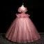 Elegant Blushing Pink Sequins Lace Flower Prom Dresses 2025 Ball Gown Scoop Neck Short Sleeve Backless Floor-Length / Long Prom Formal Dresses