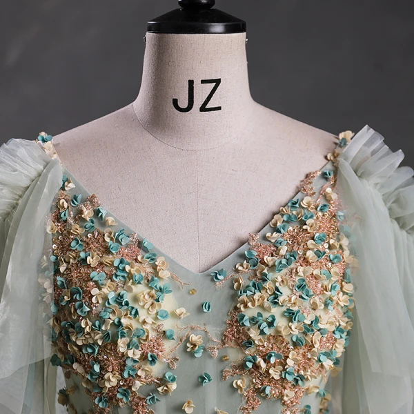 Elegant Sage Green Beading Appliques Prom Dresses 2023 V-Neck Short Sleeve Backless Floor-Length / Long Prom Formal Dresses