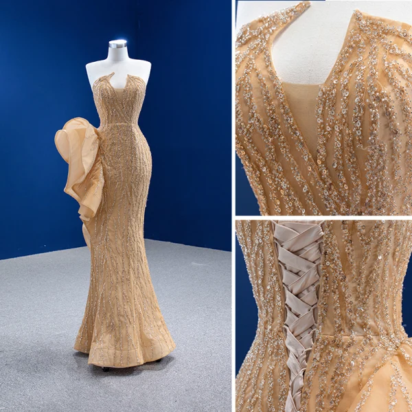 Haut de Gamme Champagne Robe De Soirée 2022 Trompette / Sirène Bustier Perlage Paillettes Sans Manches Dos Nu Longue Soirée Robe De Ceremonie