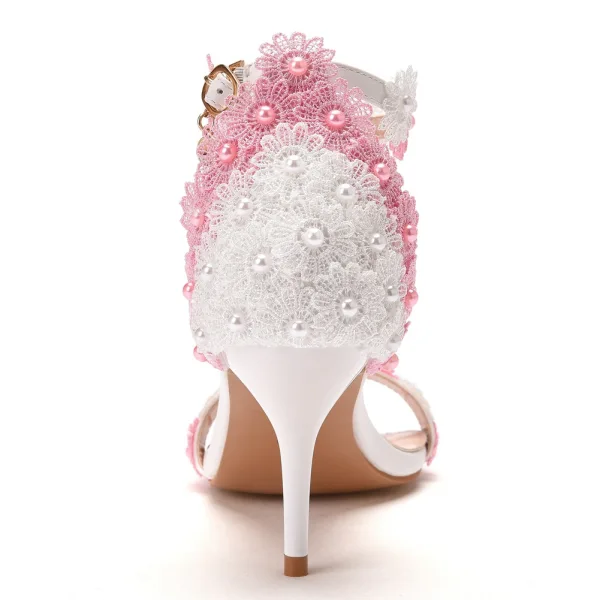 Charming Blushing Pink Lace Flower Prom Womens Sandals 2022 Pearl 7 cm Stiletto Heels Open / Peep Toe Sandals High Heels