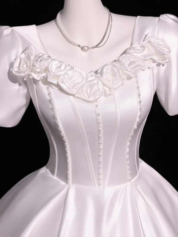 Vintage / Retro Ivory Pearl Appliques Prom Dresses 2026 Ball Gown Scoop Neck Short Sleeve Backless Floor-Length / Long Formal Dresses
