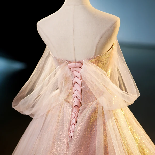 Charmant Rosa Pailletten Ballkleider 2023 Ballkleid Bandeau Ärmellos Rückenfreies Lange Ball Festliche Kleider