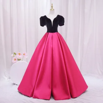 Vintage Retro Ethnic Fuchsia Beading Prom Dresses 2024 Ball Gown Scoop Neck Floor Length Long Polyester Backless Prom Short Sleeve Formal Dresses