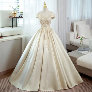 Élégant Champagne Robe De Bal 2022 Robe Boule De L Épaule Perlage Paillettes Sans Manches Dos Nu Longue Promo Robe De Ceremonie