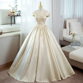 Élégant Champagne Robe De Bal 2022 Robe Boule De L Épaule Perlage Paillettes Sans Manches Dos Nu Longue Promo Robe De Ceremonie