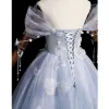 Elegant Sky Blue Butterfly Appliques Pearl Sequins Prom Dresses 2023 A-Line / Princess Off-The-Shoulder Sleeveless Backless Floor-Length / Long Prom Formal Dresses
