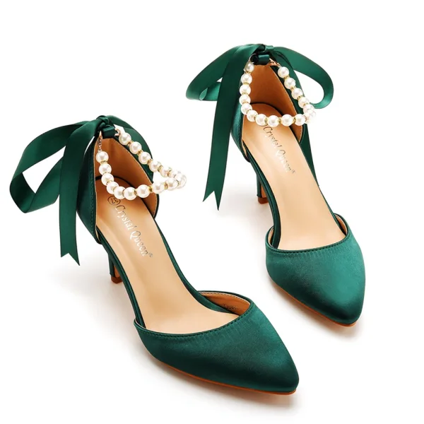 Charmant Dunkelgrün Perle Knöchelriemen Schleife Abend Sandalen Damen 2023 7 cm Stilettos Spitzschuh Sandaletten Hochhackige