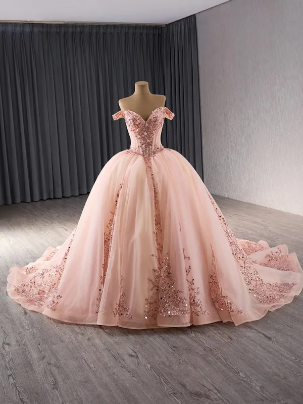 Luxury / Gorgeous Blushing Pink Beading Sequins Cascading Ruffles Prom Dresses Ball Gown 2024 Off-The-Shoulder Sleeveless Backless Chapel Train Prom Formal Dresses